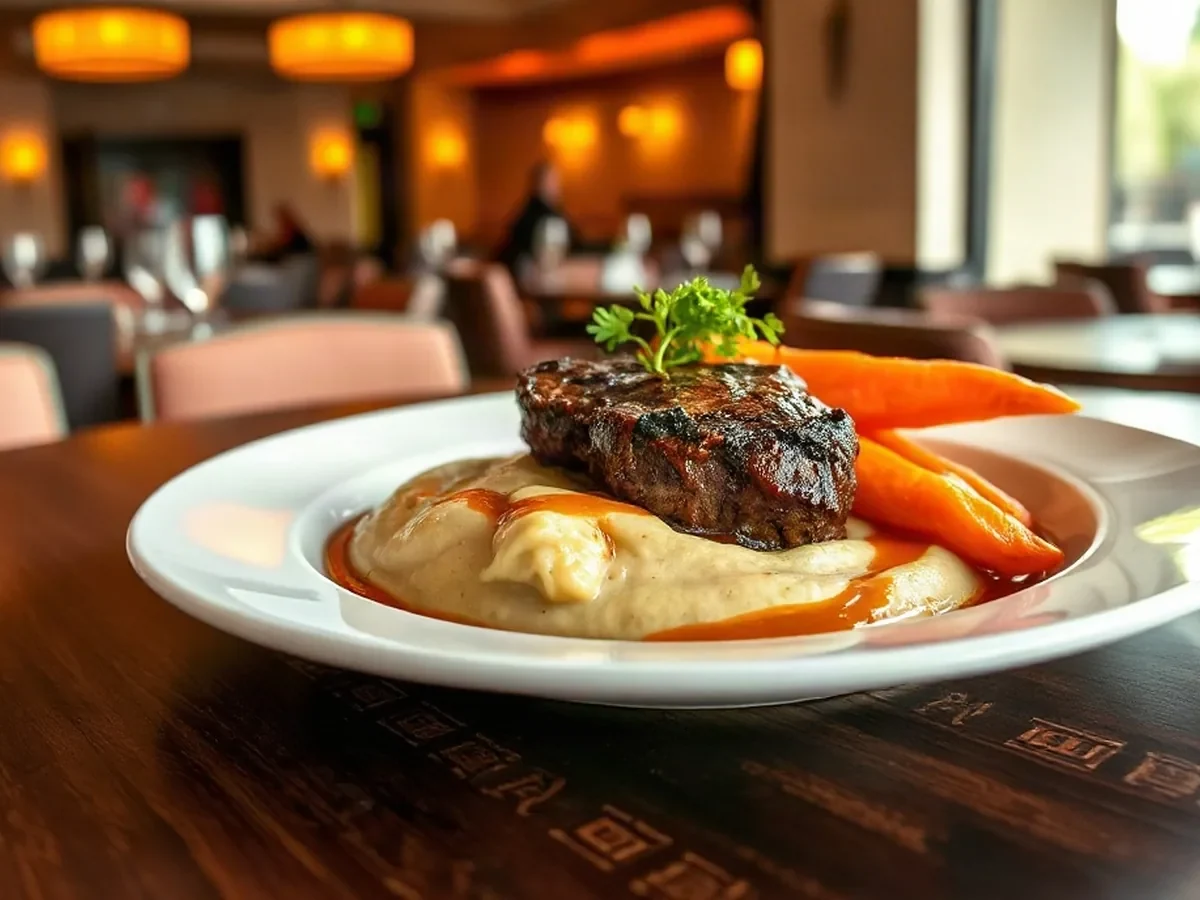 Tender braised beef, smooth potato purée and glazed carrots on a brasserie plate.