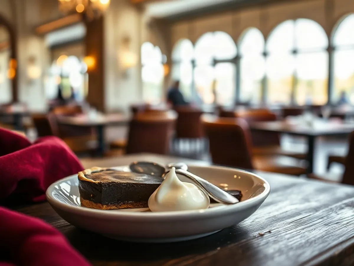 A tender chocolate tart with a spoonful of crème fraîche on pale ceramic.