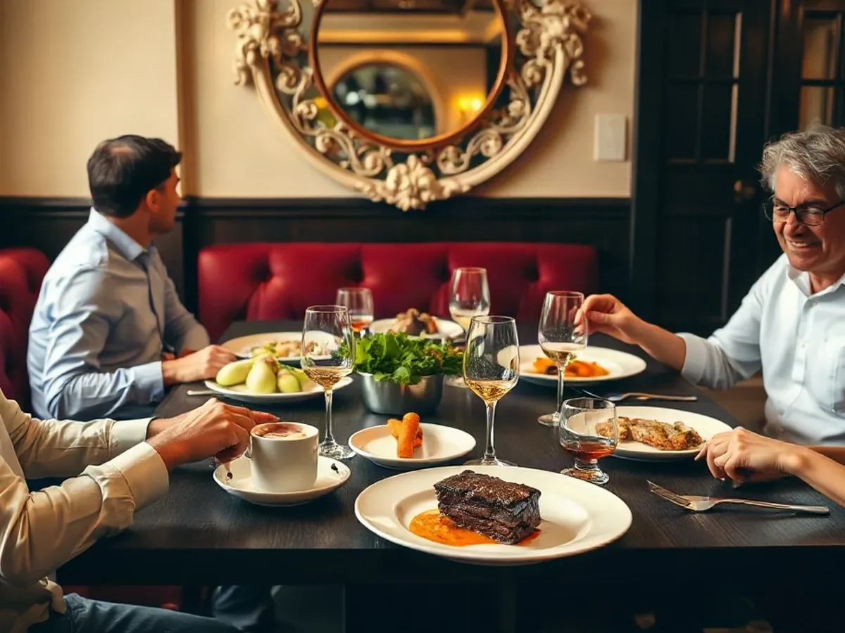 Adults sharing brasserie plates at a dark oak table beneath soft daylight.