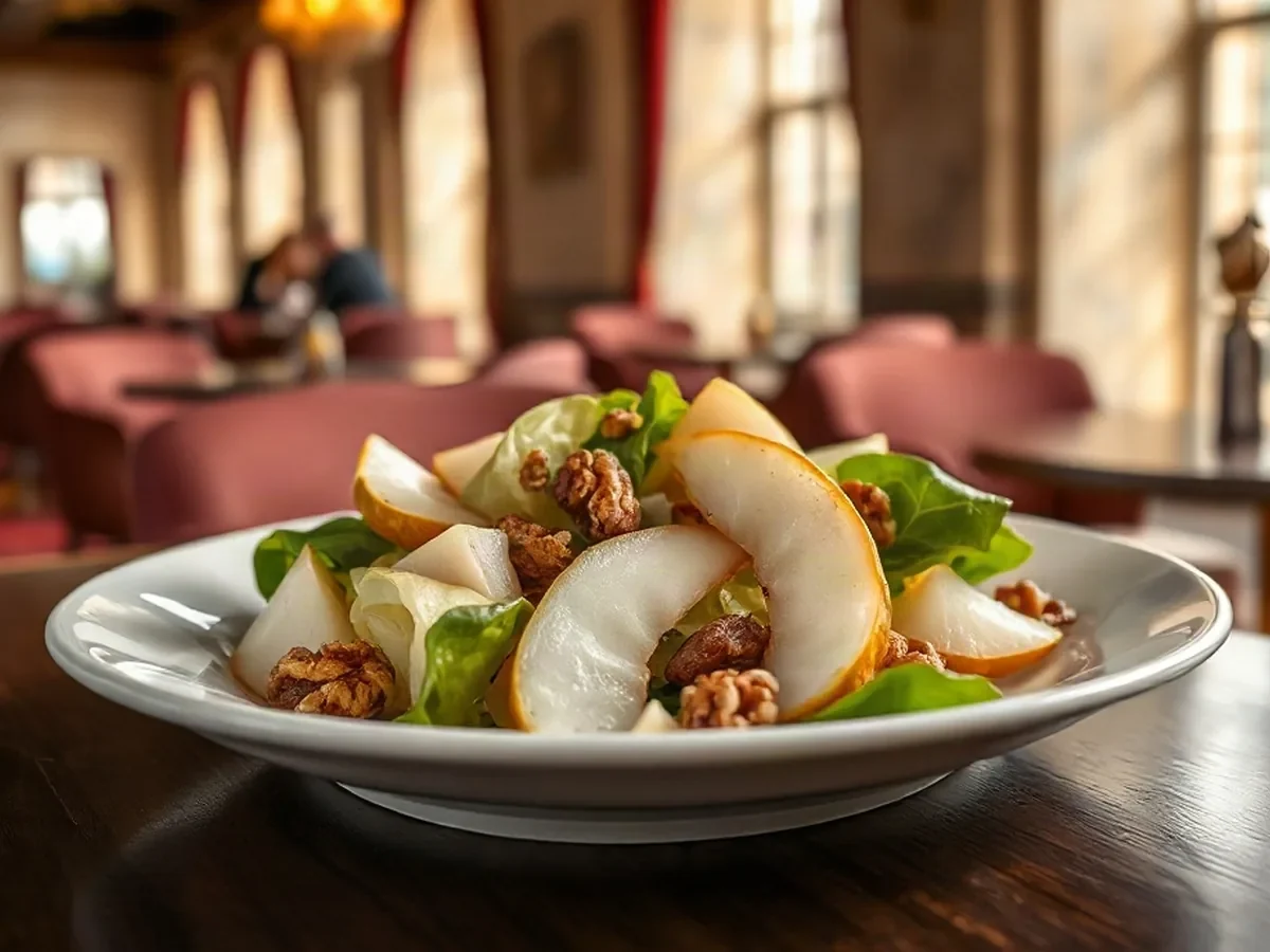 Crisp endive, pear slices and toasted walnuts on pale ceramic in soft window light.