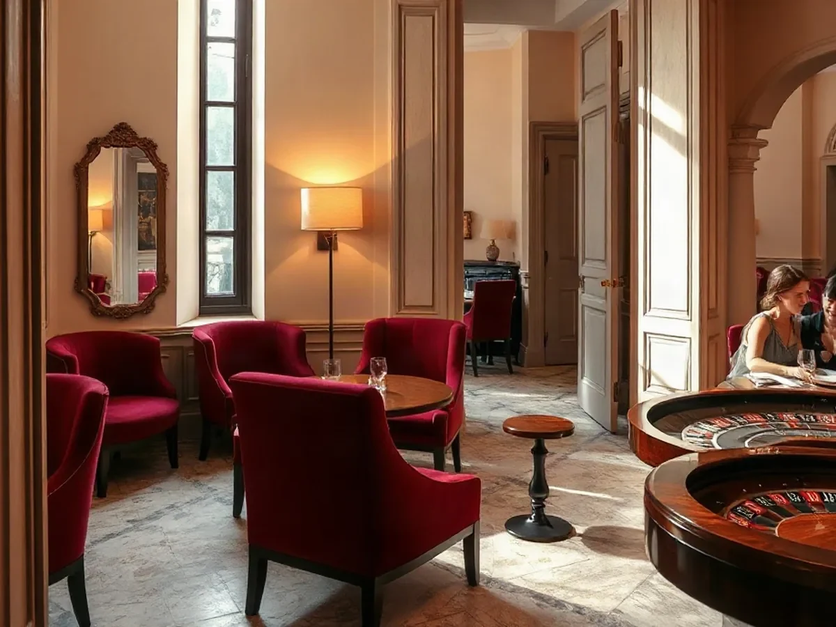 Wine-red velvet chairs and a dark oak table in a softly lit quiet corner.