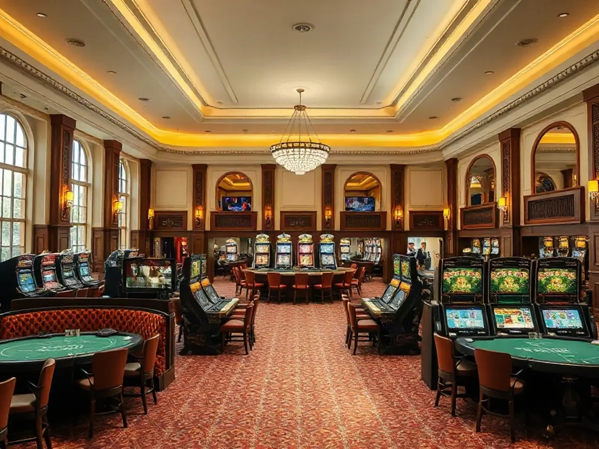 Table areas and slot machines across a patterned stone gaming floor beneath warm amber lights.